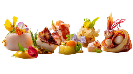 Food Plating Art: Beautifully plated gourmet dishes with intricate designs and colorful garnishes, isolated on a Transparent background, PNG file.