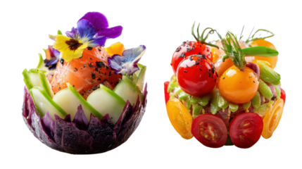 Food Plating Art: Exquisite food plating with creative garnishes, vibrant colors, and artistic presentation, isolated on a Transparent background, PNG file.