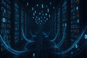 Futuristic server room displaying data flow with glowing binary code visuals