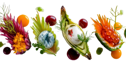 Food Plating Art: Exquisite food plating with modern artistic designs and intricate garnishes, isolated on a Transparent background, PNG file.