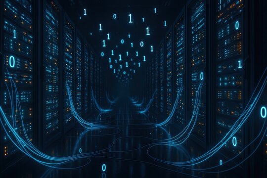 Futuristic server room displaying data flow with glowing binary code visuals