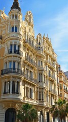 Fototapeta premium Ornate, light-beige apartment building facade under a clear blue sky