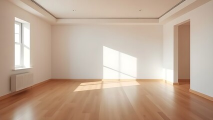 Minimalist living space featuring clean lines, natural wood flooring, and neutral-toned walls.