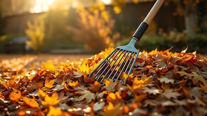 Pile of autumn leaves in a garden with a wooden rake, glowing under golden hour lighting for a seasonal mood.
