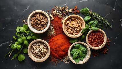 An artistic arrangement of dried herbs and spices in small bowls on a dark marble surface.