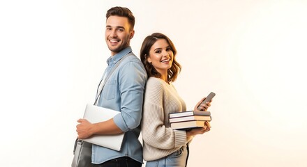 A young man and woman, back-to-back, smiling confidently. He carries a laptop, she holds books and a phone. They represent students or young professionals. White background.