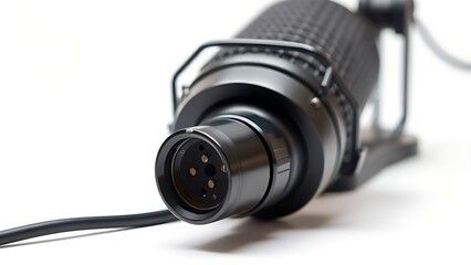 Professional microphone with XLR connection isolated on white, showcasing studio lighting details.