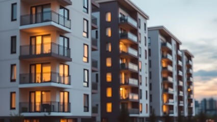 Obraz premium Modern residential buildings at dusk, their clean lines highlighted by warm interior lights.