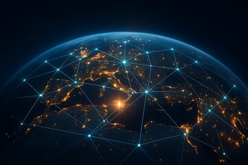 Obraz premium Earth at night with glowing network connections across continents and oceans globe