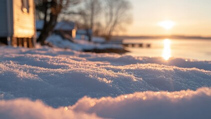 Serene winter sunset over a snowy lakeshore, with soft sunlight reflecting on the water, creating a peaceful atmosphere, ideal for nature lovers and winter photography enthusiasts