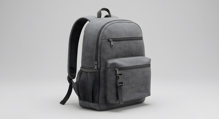 Gray Textured Backpack with Zippers and Mesh Pockets on White Background