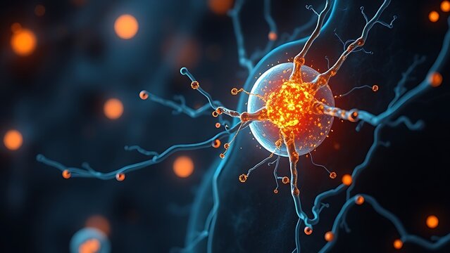 Cellular-level artistic rendering of mitochondria glowing with healing energy powering regeneration within human tissue