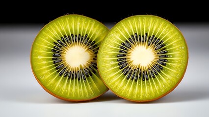 Vibrant green kiwi fruit sliced in half, showcasing fresh flesh with black seeds.