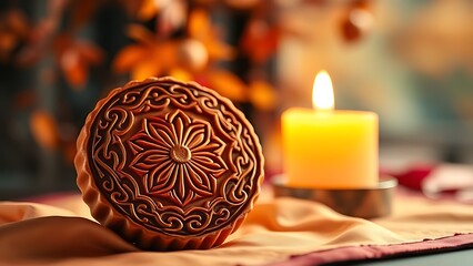 Festive mooncake with intricate patterns on silk cloth, candlelight glow, autumn foliage in blurred background.