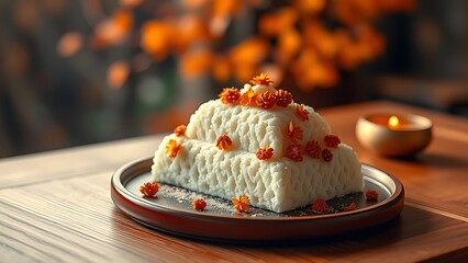 Delicate rice cake pyramid dusted with osmanthus flowers, showcasing festive autumn flavors.