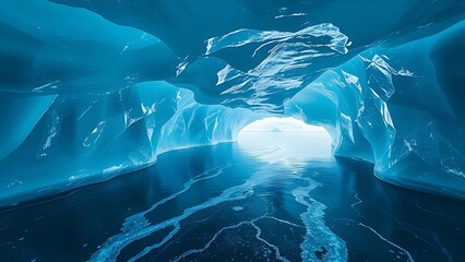 Subglacial rivers of glowing liquid flow beneath geometric ice, casting surreal refractive light patterns.