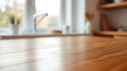 Close-up of polished wooden table surface with soft morning light through a blurred kitchen window in warm natural tones.