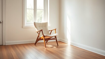 Minimalist mid-century living room corner with wooden floor and soft natural light, showcasing simplicity.