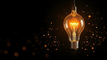 Golden lightbulb surrounded by floating particles, symbolizing creativity and bright ideas in darkness.