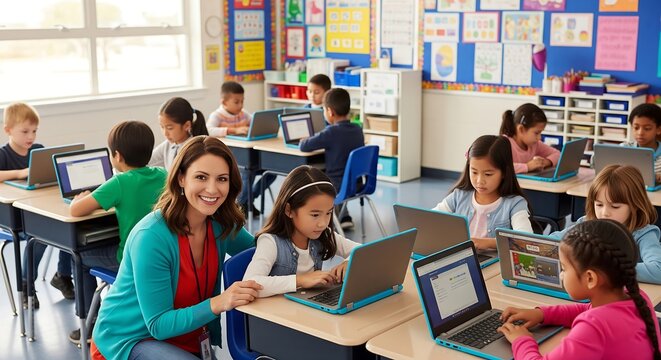 ** A smiling teacher assists elementary school students using Chromebooks in a bright, colorful classroom. Technology integration in modern education is evident. **
