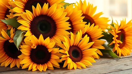 Rustic close-up of sunflower arrangement on a wooden surface with warm natural light.