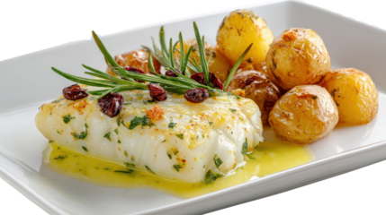 Gourmet dish of baked cod with lemon butter sauce and roasted potatoes, isolated on a Transparent background, PNG file.