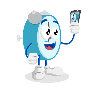 Happy Blue Alarm Clock Character Mascot Taking Selfie With Smartphone Representing Modern Time Management Concept