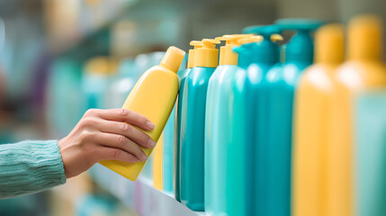 Hand selecting a shampoo bottle from a shelf.
