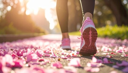 Close-up of runner foot stepping onto path decorated with pink flower petals. Sunny spring outdoor setting. Represents Breast Cancer Awareness run, vibrant colors, promotes wellness