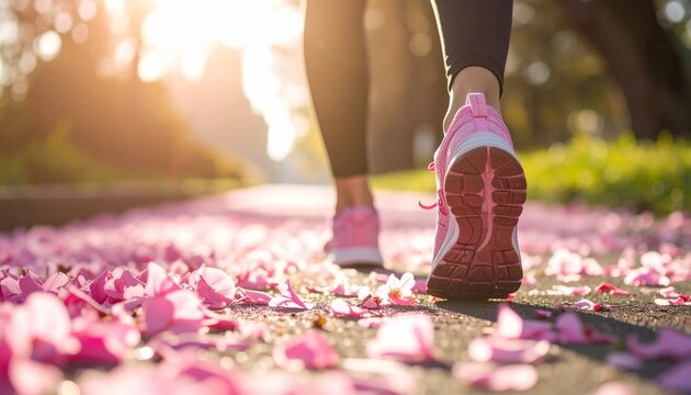 Close-up of runner foot stepping onto path decorated with pink flower petals. Sunny spring outdoor setting. Represents Breast Cancer Awareness run, vibrant colors, promotes wellness
