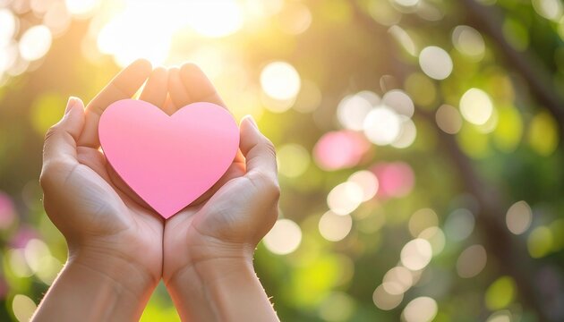 Hands holding pink heart: breast cancer awareness and support - Powered by Adobe