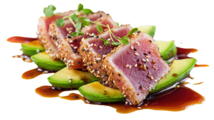 Gourmet plating of seared tuna with avocado and a soy glaze, isolated on a Transparent background, PNG file.