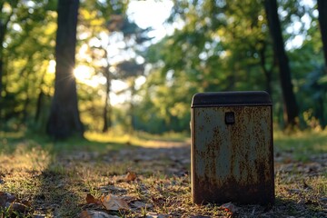 Rustic metal box in sunlit forest path