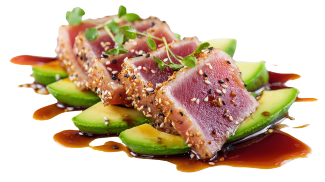Gourmet plating of seared tuna with avocado and a soy glaze, isolated on a Transparent background, PNG file.