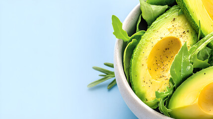 A nutritious salad bowl with avocado and greens.

