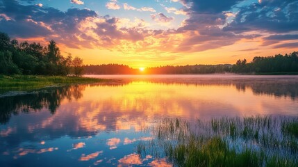 Obraz premium Serene lake at sunset, vibrant colors reflected