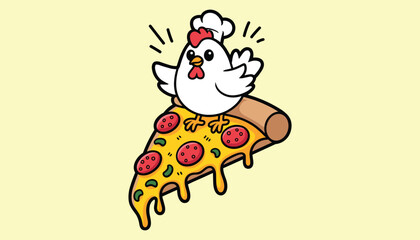 Funny Chicken Chef Standing on Pizza Slice Cartoon Vector Illustration