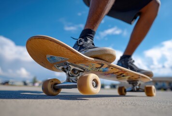 Close-up of a skateboarder riding on a skateboard on a sunny day outdoors