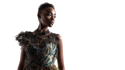 Fashion model in an intricately detailed beaded dress, isolated on a Transparent background, PNG file.
