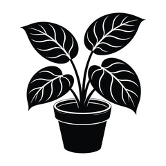 Potted Houseplant Silhouette with Big Leaves Vector Illustration
