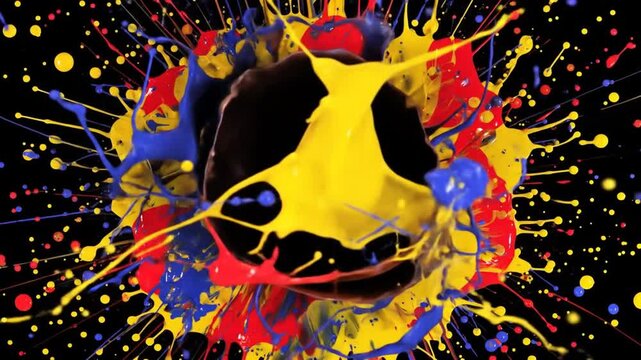 Dynamic Abstract Paint Splash in Red, Blue, Yellow on Black Background