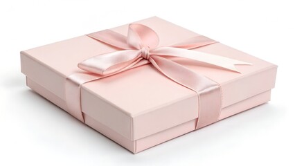 A pastel pink gift box with a silky satin ribbon, isolated on a clean white background. Simple, elegant, and modern, the smooth surfaces and delicate bow highlight romance without distractions. A perf