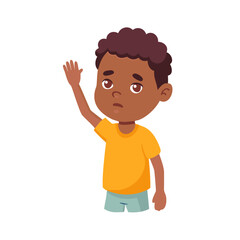 Avatar of serious and thoughtful boy. Child face character icon. Colorful cartoon flat vector illustration isolated on white background. A dark-skinned kid with raised hand speaks with ... See More