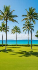 Tropical beach scene with palm trees and vibrant green grass