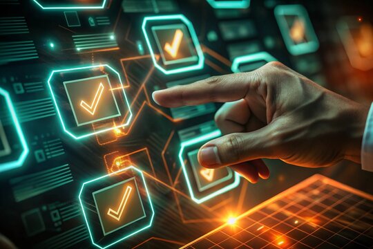 Human finger interacting with futuristic digital interface displaying glowing checkmarks confirming tasks and data entry for technology innovation