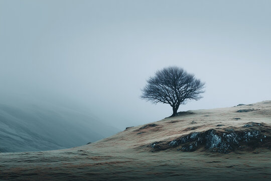 A lonely tree on a hillside in a foggy haze
