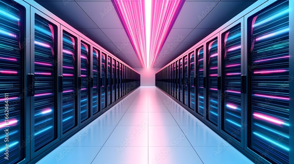 Poster the image depicts a data center with rows of servers emitting blue and pink light, illuminated by a 
