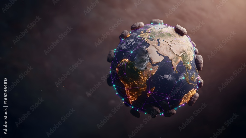Poster the image presents a stylized earth encircled by asteroids and interconnected with a web of glowing 