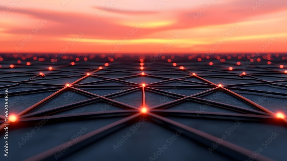 Poster the image shows a network of interconnected shiny dark wires with glowing orange nodes against an or