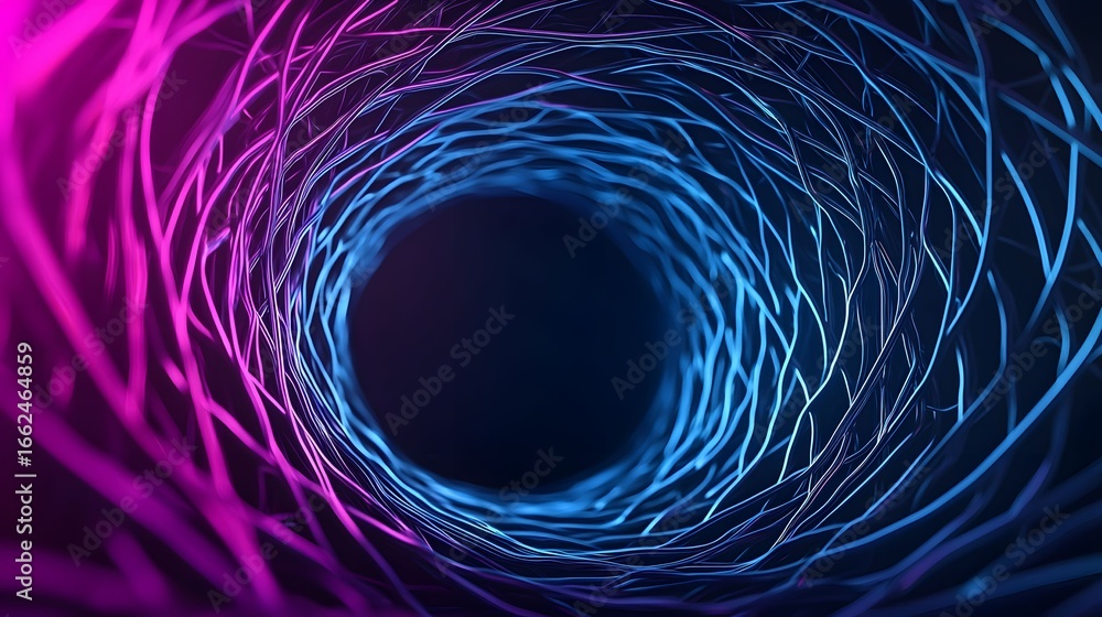 Poster the image showcases a mesmerizing swirl of glowing lines, transitioning from vibrant pink to cool bl